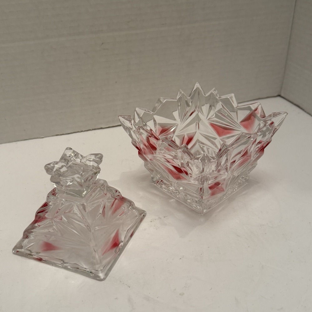 Vtg Clear And‎ Red Lidded Glass Dish Ca Candy Trinkets 4"L x 4"W x 5.25"H